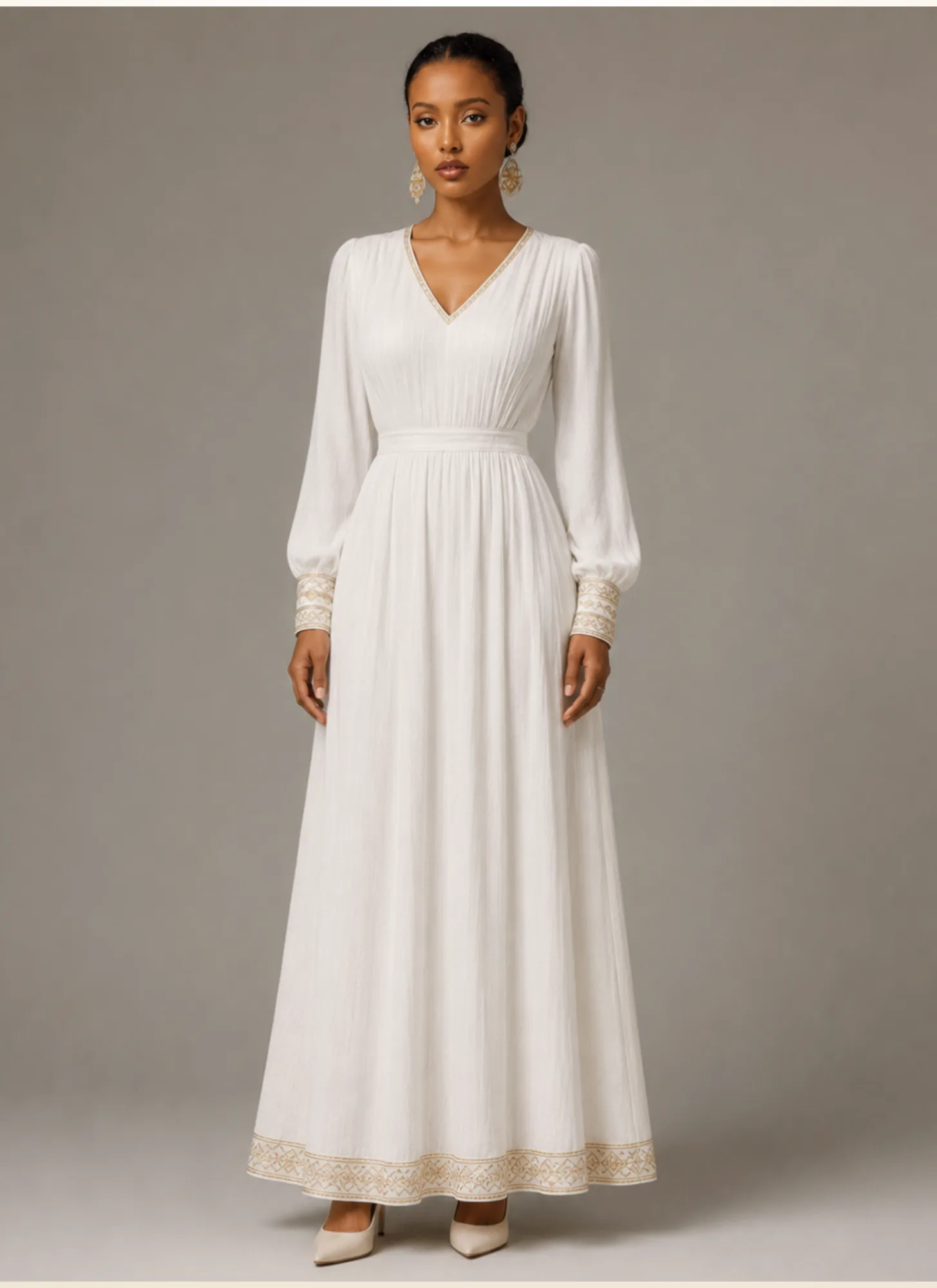 The 'Zemen' Handcrafted Ivory Abyssinian Maxi Dress with Gold Kaba Embroidery